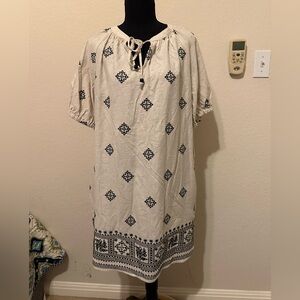 Embroidered Linen Dress Cream Tie-Neck Midi Dress in White and Black. Sz M. NWT